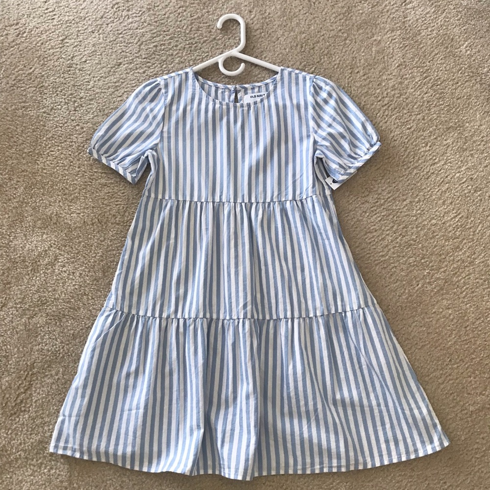 Girls Striped Blue and White Short-sleeve Summer Dress
